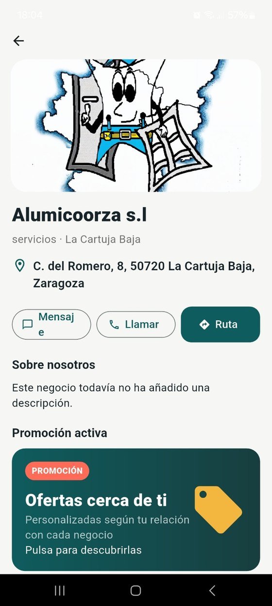Ficha pública de un negocio con dirección, llamada, ruta y promociones